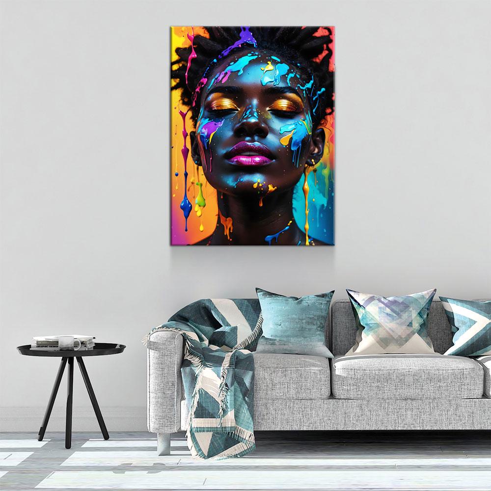 Black Girl With Paint Splatter Canvas Wall Art, African American Fashion Print, Beautiful Woman Print, Fashion Paint Makeup, Salon Decor