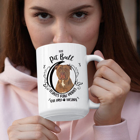 Image of Pit Bull Mug, My Pit Bull Leaves Paw Prints On My Heart, PitBull Mug, Pit Bull Dog Mug, 11oz or 15oz Pit Bull Coffee Mug Sizes