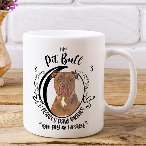 Image of Pit Bull Mug, My Pit Bull Leaves Paw Prints On My Heart, PitBull Mug, Pit Bull Dog Mug, 11oz or 15oz Pit Bull Coffee Mug Sizes