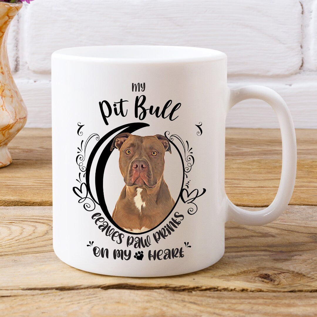 Pit Bull Mug, My Pit Bull Leaves Paw Prints On My Heart, PitBull Mug, Pit Bull Dog Mug, 11oz or 15oz Pit Bull Coffee Mug Sizes 11