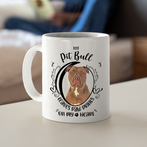 Image of Pit Bull Mug, My Pit Bull Leaves Paw Prints On My Heart, PitBull Mug, Pit Bull Dog Mug, 11oz or 15oz Pit Bull Coffee Mug Sizes