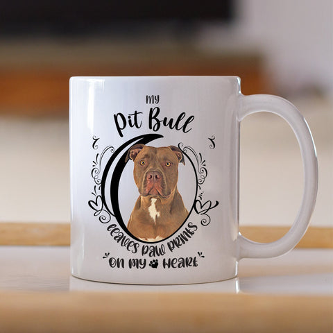 Image of Pit Bull Mug, My Pit Bull Leaves Paw Prints On My Heart, PitBull Mug, Pit Bull Dog Mug, 11oz or 15oz Pit Bull Coffee Mug Sizes