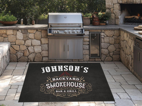 Image of Personalized Backyard Smokehouse Bar & Grill Outdoor Patio Rug, BBQ Gift, Custom Family Name BBQ Rug, Best Father's Day Gift, Pitmaster Gift