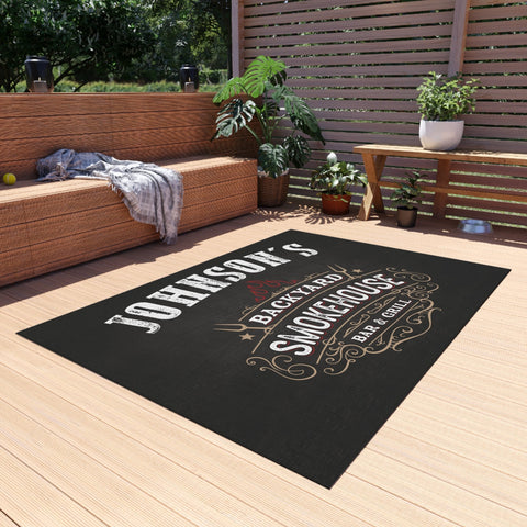 Image of Personalized Backyard Smokehouse Bar & Grill Outdoor Patio Rug, BBQ Gift, Custom Family Name BBQ Rug, Best Father's Day Gift, Pitmaster Gift