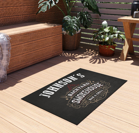 Image of Personalized Backyard Smokehouse Bar & Grill Outdoor Patio Rug, BBQ Gift, Custom Family Name BBQ Rug, Best Father's Day Gift, Pitmaster Gift