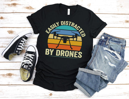 Easily Distracted By Drones T-Shirt, Drone Shirt, Aerial Photography, Drone Operators, Remote Pilot Gift, Retro Drone Design, Drone Gift