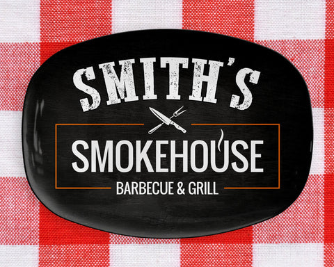 Image of Personalized Smokehouse Barbecue & Grill BBQ Platter, Great Father's Day Gift, BBQ Gift, Custom BBQ Platter, Custom Name Bbq Plate