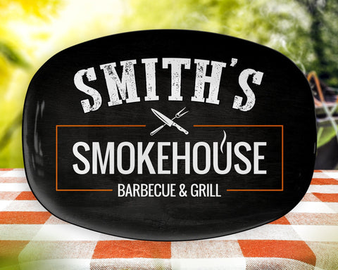 Image of Personalized Smokehouse Barbecue & Grill BBQ Platter, Great Father's Day Gift, BBQ Gift, Custom BBQ Platter, Custom Name Bbq Plate