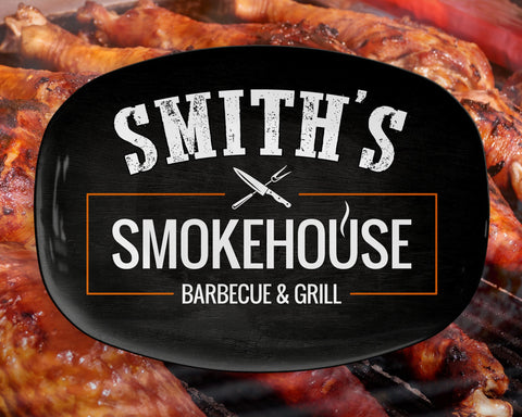 Image of Personalized Smokehouse Barbecue & Grill BBQ Platter, Great Father's Day Gift, BBQ Gift, Custom BBQ Platter, Custom Name Bbq Plate