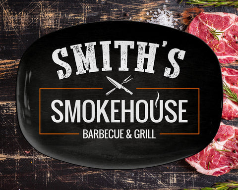 Image of Personalized Smokehouse Barbecue & Grill BBQ Platter, Great Father's Day Gift, BBQ Gift, Custom BBQ Platter, Custom Name Bbq Plate