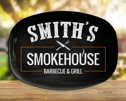 Image of Personalized Smokehouse Barbecue & Grill BBQ Platter, Great Father's Day Gift, BBQ Gift, Custom BBQ Platter, Custom Name Bbq Plate