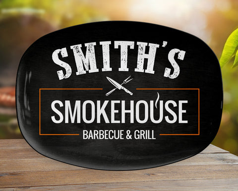 Image of Personalized Smokehouse Barbecue & Grill BBQ Platter, Great Father's Day Gift, BBQ Gift, Custom BBQ Platter, Custom Name Bbq Plate