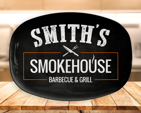 Image of Personalized Smokehouse Barbecue & Grill BBQ Platter, Great Father's Day Gift, BBQ Gift, Custom BBQ Platter, Custom Name Bbq Plate