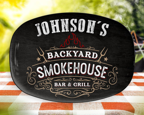 Image of Personalized BBQ Platter, Backyard Smokehouse Bar & Grill Custom Serving Tray, Great BBQ Gift, Family BBQ, Last Name Custom Bbq Gift