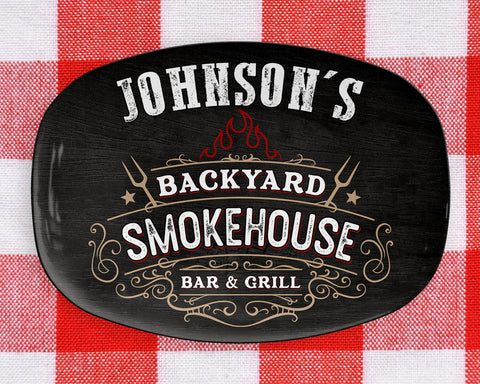 Image of Personalized BBQ Platter, Backyard Smokehouse Bar & Grill Custom Serving Tray, Great BBQ Gift, Family BBQ, Last Name Custom Bbq Gift