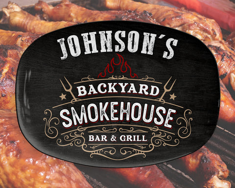 Image of Personalized BBQ Platter, Backyard Smokehouse Bar & Grill Custom Serving Tray, Great BBQ Gift, Family BBQ, Last Name Custom Bbq Gift