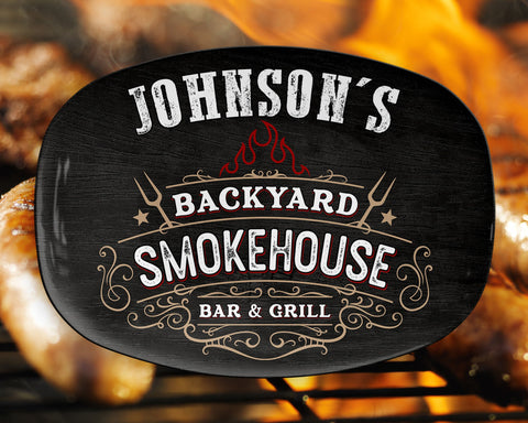 Image of Personalized BBQ Platter, Backyard Smokehouse Bar & Grill Custom Serving Tray, Great BBQ Gift, Family BBQ, Last Name Custom Bbq Gift