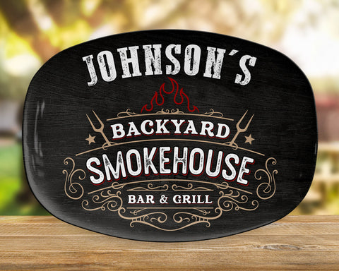 Image of Personalized BBQ Platter, Backyard Smokehouse Bar & Grill Custom Serving Tray, Great BBQ Gift, Family BBQ, Last Name Custom Bbq Gift