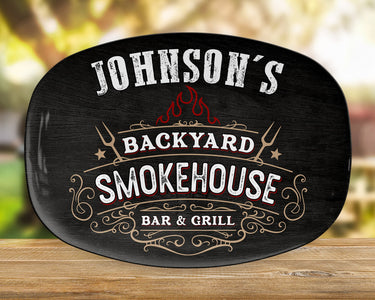 Personalized BBQ Platter, Backyard Smokehouse Bar & Grill Custom Serving Tray, Great BBQ Gift, Family BBQ, Last Name Custom Bbq Gift