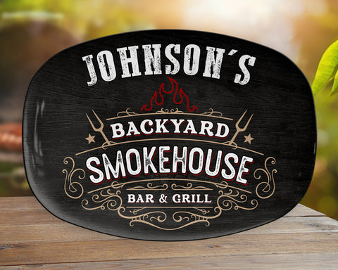 Image of Personalized BBQ Platter, Backyard Smokehouse Bar & Grill Custom Serving Tray, Great BBQ Gift, Family BBQ, Last Name Custom Bbq Gift