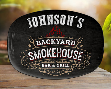 Personalized BBQ Platter, Backyard Smokehouse Bar & Grill Custom Serving Tray, Great BBQ Gift, Family BBQ, Last Name Custom Bbq Gift