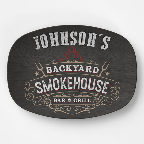 Image of Personalized BBQ Platter, Backyard Smokehouse Bar & Grill Custom Serving Tray, Great BBQ Gift, Family BBQ, Last Name Custom Bbq Gift