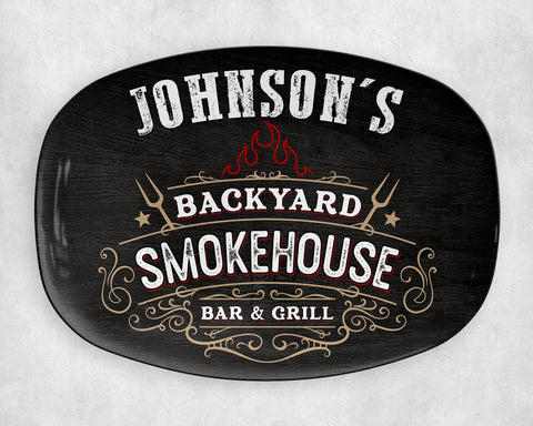 Image of Personalized BBQ Platter, Backyard Smokehouse Bar & Grill Custom Serving Tray, Great BBQ Gift, Family BBQ, Last Name Custom Bbq Gift