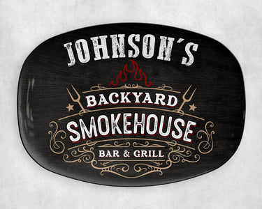 Personalized BBQ Platter, Backyard Smokehouse Bar & Grill Custom Serving Tray, Great BBQ Gift, Family BBQ, Last Name Custom Bbq Gift