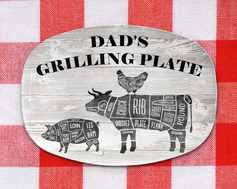 Image of BBQ Grilling Platter Personalized Serving Tray, Father's Day BBQ Gifts, Grilling Plate, Gifts for Dad, Butcher Cuts, Cow, Hog, Chicken Chart