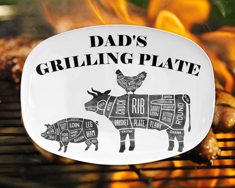 Image of BBQ Grilling Platter Personalized Serving Tray, Father's Day BBQ Gifts, Grilling Plate, Gifts for Dad, Butcher Cuts, Cow, Hog, Chicken Chart