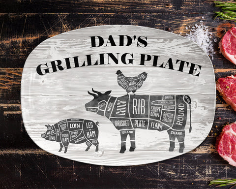 Image of BBQ Grilling Platter Personalized Serving Tray, Father's Day BBQ Gifts, Grilling Plate, Gifts for Dad, Butcher Cuts, Cow, Hog, Chicken Chart