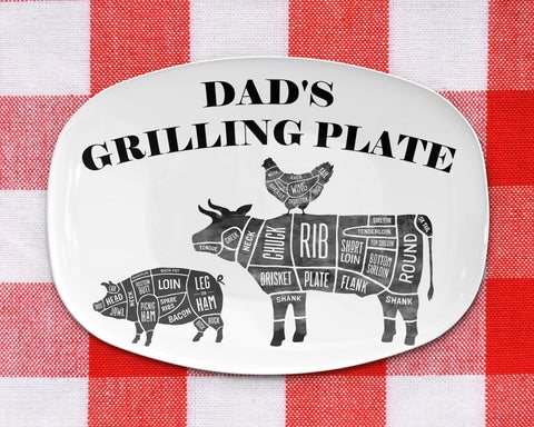 Image of BBQ Grilling Platter Personalized Serving Tray, Father's Day BBQ Gifts, Grilling Plate, Gifts for Dad, Butcher Cuts, Cow, Hog, Chicken Chart