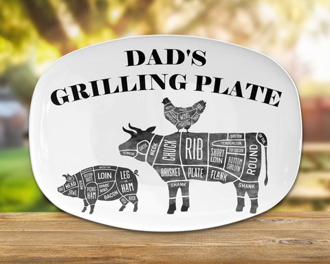 Image of BBQ Grilling Platter Personalized Serving Tray, Father's Day BBQ Gifts, Grilling Plate, Gifts for Dad, Butcher Cuts, Cow, Hog, Chicken Chart