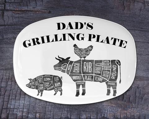 Image of BBQ Grilling Platter Personalized Serving Tray, Father's Day BBQ Gifts, Grilling Plate, Gifts for Dad, Butcher Cuts, Cow, Hog, Chicken Chart