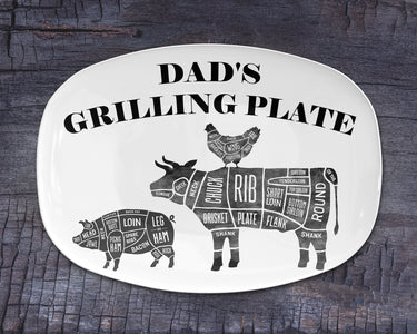 BBQ Grilling Platter Personalized Serving Tray, Father's Day BBQ Gifts, Grilling Plate, Gifts for Dad, Butcher Cuts, Cow, Hog, Chicken Chart