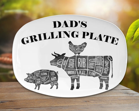 Image of BBQ Grilling Platter Personalized Serving Tray, Father's Day BBQ Gifts, Grilling Plate, Gifts for Dad, Butcher Cuts, Cow, Hog, Chicken Chart