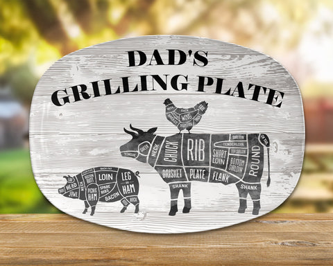 Image of BBQ Grilling Platter Personalized Serving Tray, Father's Day BBQ Gifts, Grilling Plate, Gifts for Dad, Butcher Cuts, Cow, Hog, Chicken Chart