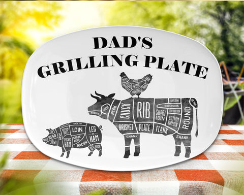 Image of BBQ Grilling Platter Personalized Serving Tray, Father's Day BBQ Gifts, Grilling Plate, Gifts for Dad, Butcher Cuts, Cow, Hog, Chicken Chart