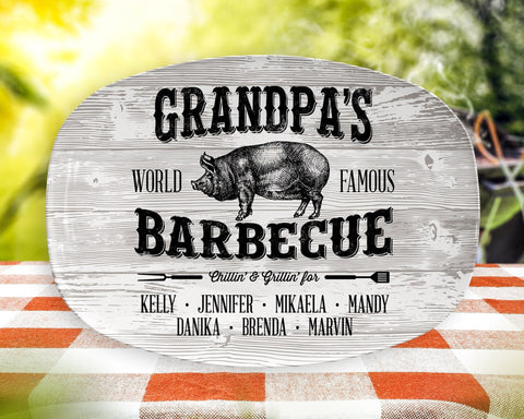 Image of Personalized BBQ Platter, Personalized Serving Tray With Kids Or Grandkids Names, Father's Day gifts, BBQ Grilling Plate, Grandpa's Barbecue