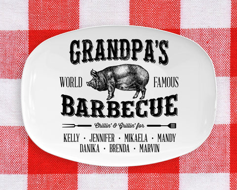 Image of Personalized BBQ Platter, Personalized Serving Tray With Kids Or Grandkids Names, Father's Day gifts, BBQ Grilling Plate, Grandpa's Barbecue