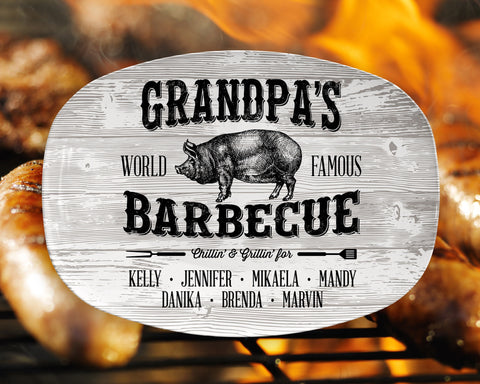 Image of Personalized BBQ Platter, Personalized Serving Tray With Kids Or Grandkids Names, Father's Day gifts, BBQ Grilling Plate, Grandpa's Barbecue