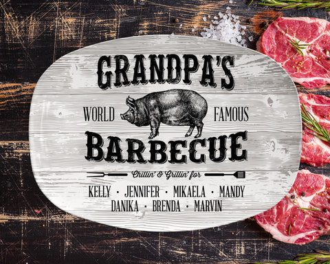 Image of Personalized BBQ Platter, Personalized Serving Tray With Kids Or Grandkids Names, Father's Day gifts, BBQ Grilling Plate, Grandpa's Barbecue