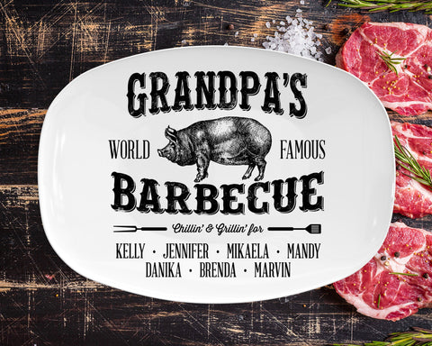 Image of Personalized BBQ Platter, Personalized Serving Tray With Kids Or Grandkids Names, Father's Day gifts, BBQ Grilling Plate, Grandpa's Barbecue