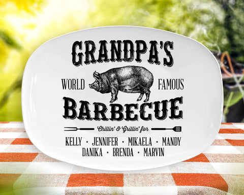 Image of Personalized BBQ Platter, Personalized Serving Tray With Kids Or Grandkids Names, Father's Day gifts, BBQ Grilling Plate, Grandpa's Barbecue