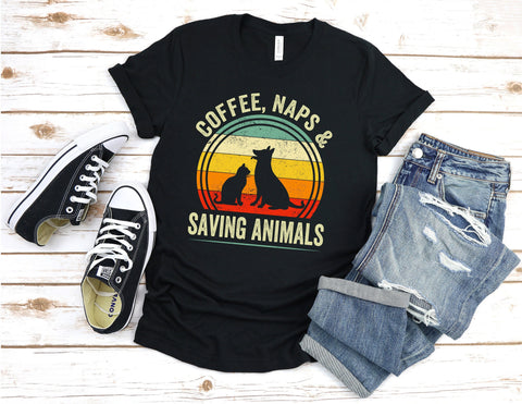 Image of Vet Coffee Shirt, Coffee, Naps & Saving Animals, Veterinarian Coffee T-Shirt, Rescue Animals Shirt, Animal Rescue Shirt, Vet Shirt