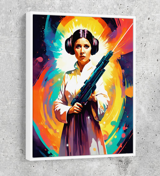 Abstract Princess Leia Canvas Wall Art, Colorful Princess Leia Print White Floating Frame