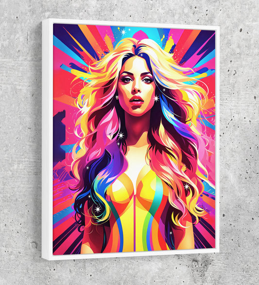 Abstract Shakira Canvas Wall Art, Shakira Colorful Print White Floating Frame