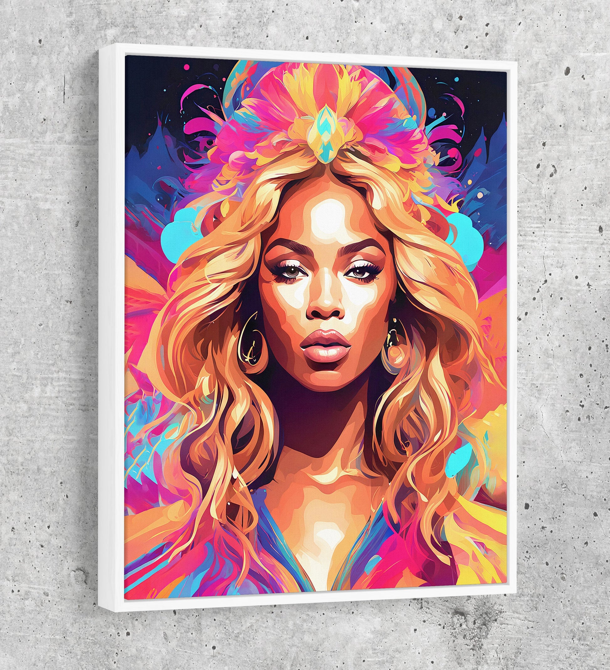 Abstract Beyonce Canvas Wall Art, Colorful Beyonce Print White Floating Frame