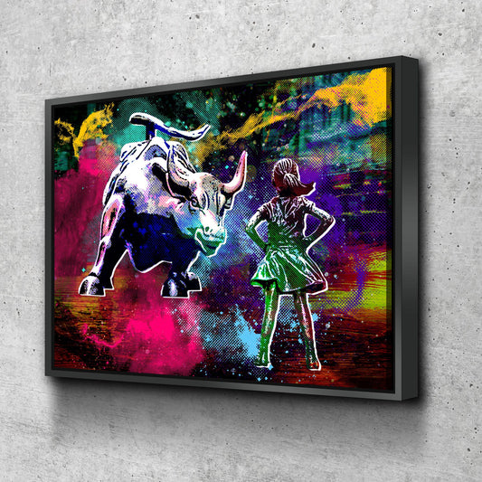 Fearless Girl Charging Bull Statue Canvas Wall Art, Charging Bull Wall Street Art Floating Frame