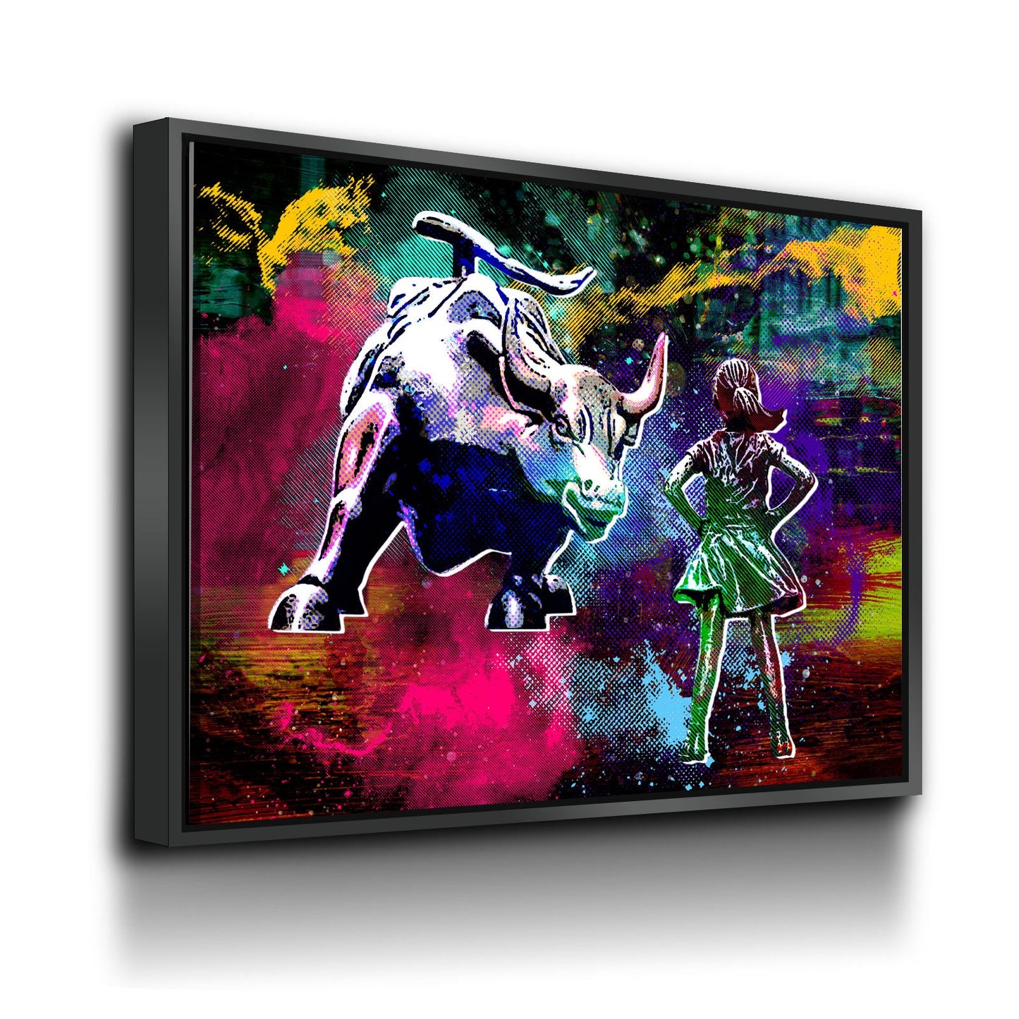 Fearless Girl Charging Bull Statue Canvas Wall Art, Charging Bull Wall Street Art